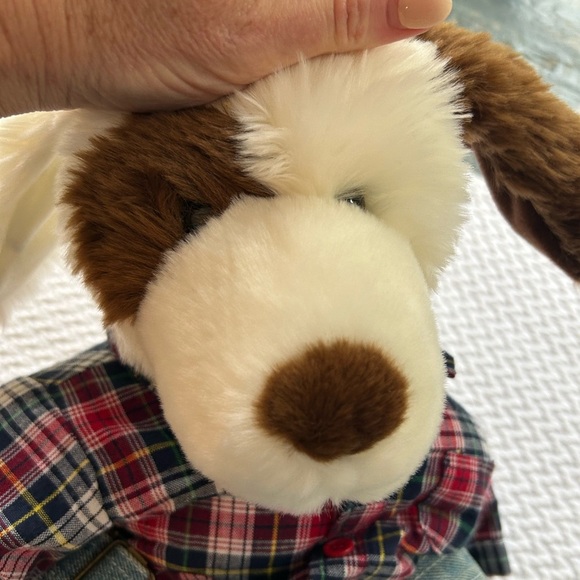 Build-A-Bear Dog Brown White Denim Overalls Plaid Shirt Ears Bend Made in USA - Picture 10 of 13